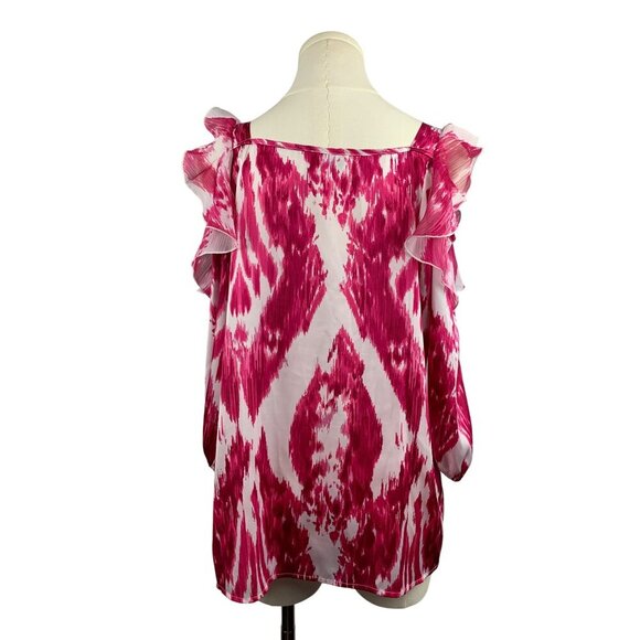 Womens Off-Shoulder Ruffle Pink Ikat Blouse  XS - Picture 2 of 6